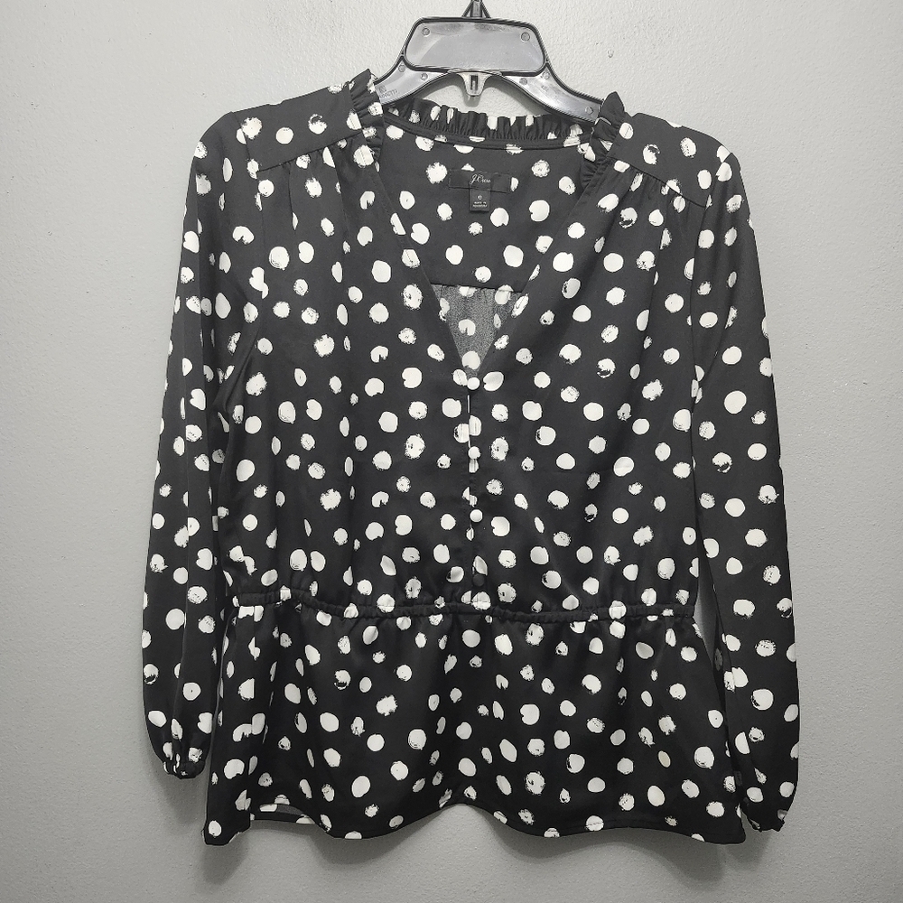 J.crew women's blouse top size 6 polkadot black and white